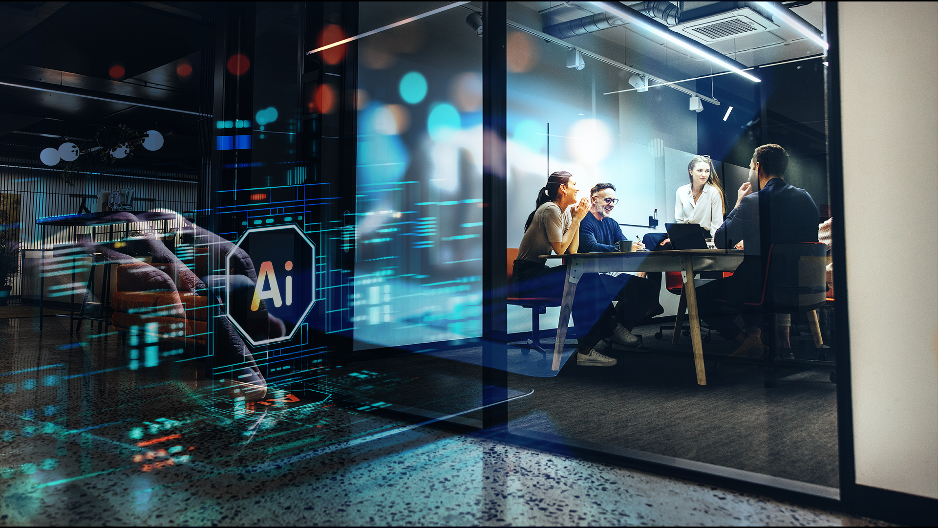 Photo illustration of AI technology overlaid on a board meeting